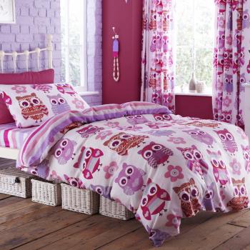 Juego de funda nórdica y funda de almohada con cortinas a juego, diseño de búhos, mezcla de algodón, Rosa, Single Duvet Cover