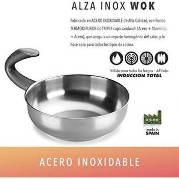 Wok ALZA. Wok Fabricado en Acero Inoxidable 18/10, Apta para Todo Tipo de Cocina, INDUCCIÓN. Fácil Limpieza. Apto para lavavajillas. Diseño novedoso mango G Zero