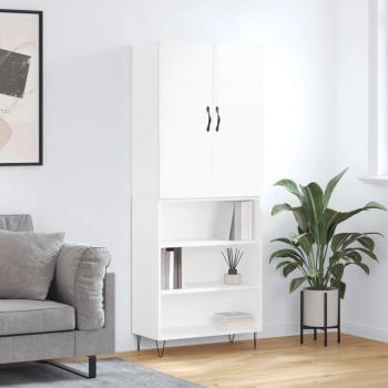 Aparador alto de madera contrachapada blanco brillo 69,5x34x180 cm con 3 estantes, mueble de almacenaje para salón, buffet y armario auxiliar