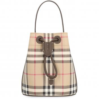 Burberry Women's Check Mini Bucket Bag in Beige, Stylish Leather Trifold Wallet in Beige, Burberry Check Mini E-Canvas & Leather Bucket Bag in Beige, Bucket Bags for Women in Beige