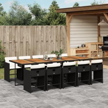 11-Piece Black Poly Rattan Garden Dining Set with Cushions