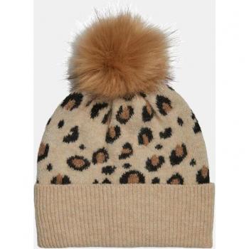 GORRO CON ESTAMPADO DE LEOPARDO Y POMPÓN DE PELO