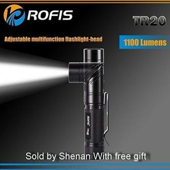 ROFIS TR20 luz de ángulo Dual-Switch1100LM IPX-8 impermeable linterna de LED CREE XP-L HI V3 LED Super brillante 200 la hora máxima de tiempo de ejecución 90 ° cabeza ajustable linterna con funda de 18650 batería 3400mAh Cable de carga
