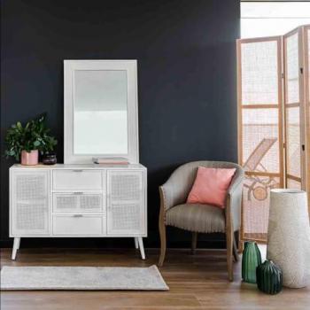 Aparador de madera y rejilla blanco Wanderlust Deco 120x40.5x81h cm, no viene montado