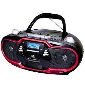 Trevi CMP 574 USB – Boombox microcadena portátil con radio AM / FM, reproducción de CD, MP3, USB, cassette y salida para auriculares. - Color negro y detalles en rojo
