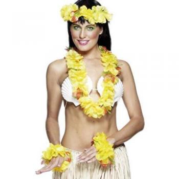 Smiffy's-22504 Set hawaiano amarillo, con collar, guirnalda para la cabeza y pulsera, color, applicable