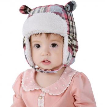 Happy Cherry Gorro Gorrito Bebé Niña Bonito Cálido para Otoño Invierno mullido con orejeras Cuadros Rosa - Cuadros 50cm