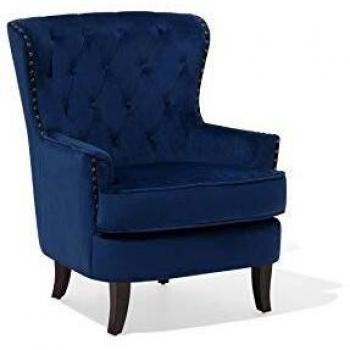 Sillón Orejero Elegante en Terciopelo Azul Marino con Botones, Respaldo Acolchado y Patas Negras - Estilo Chesterfield Viborg II