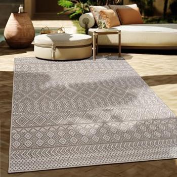 Alfombra Interior y Exterior Balcón Terraza Cocina Motivo Boho Étnico Moderno 120x160 cm, Color: Beige 3 - Paco Home