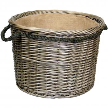 Extra Large Antique Wash Finish Rope Handled Wicker Log Basket by Wicker Warehouse