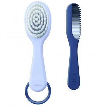 BÉABA Peine + Cepillo de Pelo para Bebé y Niño, Sistema de almacenamiento del peine integrado en la parte trasera del cepillo, Azul