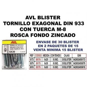 Avl blister tornillo exagonal con tuerca 6x30 zincado 5579