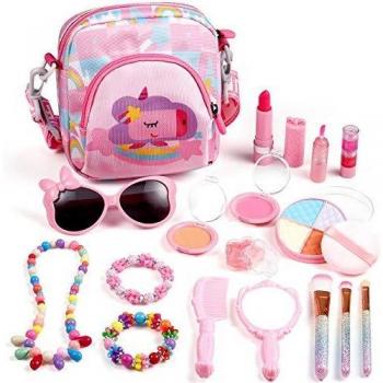 ARANEE Juguete de Maquillaje para niños, 17 Piezas Kit de Juguete de Maquillaje Lavable con Bolsa De Cosméticos para Juegos, Fiesta De Cumpleaños De Navidad