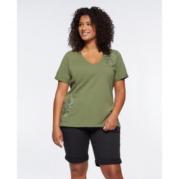 Camiseta de mujer Fiorella Rubino con hojas bordadas y escote de pico
