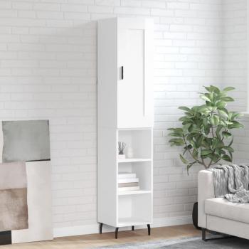 Aparador alto de madera contrachapada blanco brillo 34,5x34x180 cm con 3 estantes, mueble de almacenaje para salón, buffet y armario auxiliar