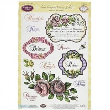 Justrite Papercraft Clear Stamp Set 6X8-Rose Bouquet Vintage Labels Seven 14Pc