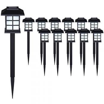 Set de 12 Luces Solares LED para Jardín con Sensor Crepuscular, Antorchas Farolitos, Estaca, Iluminación de Caminos, Protección IPP, Color Negro