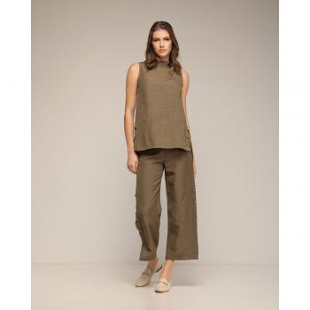 Blusa Lino Sin Mangas y Anudado Kaki NIZA - Top de mujer anudado de lino sin mangas