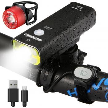 LED Luz Delantera y Trasera Bicicleta OUTERDO USB 400 lúmenes, IP5X Lámpara Impermeable, 5 Modos de Lluminación, Correa de Control Remoto, para Todo Tipo de Bicicletas