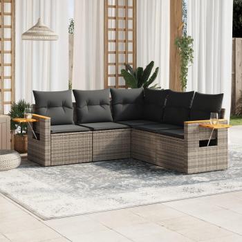 5-Piece Grey Poly Rattan Garden Sofa Set with Cushions