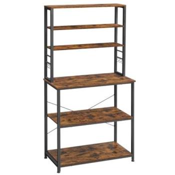 Estantería de Cocina Industrial con 4 Estantes y 6 Ganchos, Estructura Metálica para Utensilios y Horno Microondas, 80x40x167 cm, Color Marrón