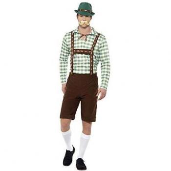 Smiffys-49657L Disfraz de bávaro Alpino,con Camisa y Lederhosen, Color Verde y marrón, L-Tamaño 42-44
