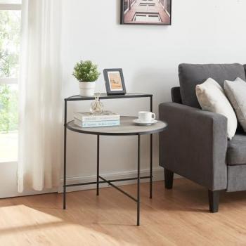 Mesa Auxiliar Redonda Fyresdal con Estante de MDF y Metal 68xØ62cm - Negro/Efecto Roble