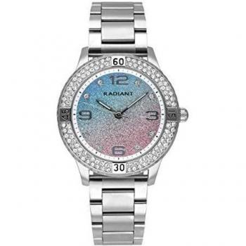 Reloj analógico para Mujer de Radiant. Colección Frozen. Reloj Plateado con Brazalete y Esfera degradada de Rosa a Azul con Glitter. Bisel con pedrería. 3ATM. 38mm. Referencia RA564204.