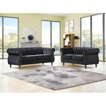 Sofá Chesterfield de 3 y 2 plazas de terciopelo negro Trumbo