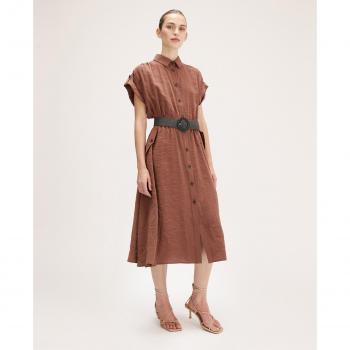 Vestido Camisero Midi de Mezcla Modal con Cinturón y Abertura Frontal