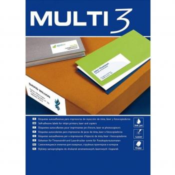 Multi3 Etiquetas Autoadhesivas A4 70x36 mm Cantos Rectos para Impresoras Inkjet/Láser, Paquete de 100 Hojas, Blanco
