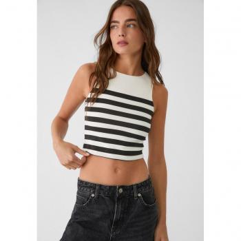 Striped Cotton Sleeveless Top Black L