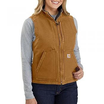 Carhartt Chaleco sin mangas Sherpa Lined Mock Neck para mujer, corte relajado, lavado de pato, con forro, color marrón, talla XS