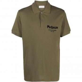 Alexander McQueen Men's Graffiti Cotton Polo Shirt in Khaki | Size Small | 662551QXAAK3380