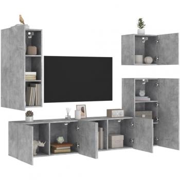 Muebles de pared para TV en madera de ingeniería con acabado en hormigón gris y sistema LED, 5 piezas de múltiples capas
