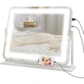 Espejo de Maquillaje Giratorio con Luz LED y Aumento 58x46 cm, Ajustable con Interruptor Táctil y Puerto USB - Blanco