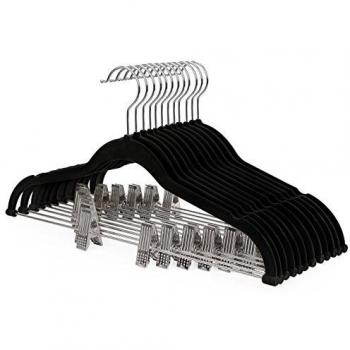 SONGMICS Set de 12 Perchas Aterciopeladas con Pinzas, Gancho Giratorio a 360º, para Adultos, Ideal para Trajes, Abrigos, Faldas, Pantalones, Tirantes, 42,5 x 0,5 x 23,5 cm, Negro CRF12B