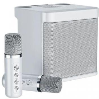 Altavoz Subwoofer Karaoke Klack 100W con Doble Micrófono, Bluetooth y Cambiador de Voz, Plata