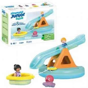 Playmobil Junior Aqua Isla de Baño con Tobogán - Juego de construcción acuático para niños, incluye figuras, tobogán y accesorios para jugar en el agua