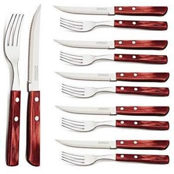 Juego de Cubiertos Churrasco Tramontina, 12 Piezas, Acero Inoxidable con Mangos de Madera Polywood Color Rojo, Utensilios con Remaches