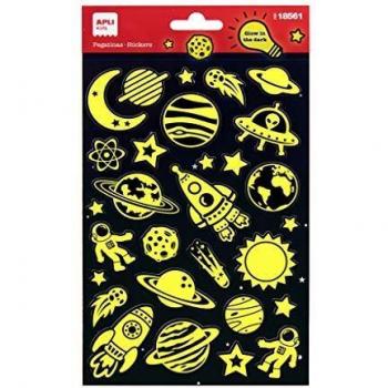 APLI Kids 18561-Pegatinas con Acabado luminiscente Modelo Espacio, Brillan en la Oscuridad. Incluye 1 Hoja con 26 Pegatinas de Adhesivo Permanente