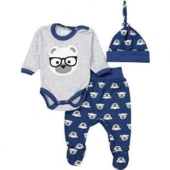 TupTam Conjunto de Ropa Bebé Body, Polaina, Gorra, Oso con Gafas Gris/Azul Oscuro, 62