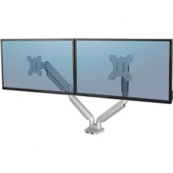 Fellowes Platinum Series Dual Monitor Arm - VESA Compliant Gas Spring Adjustable Monitor Stand with Tilt, Swivel, Rotation Functions and 2 USB Ports - Max Monitor Size 32 - Max Weight 8KG - Silver