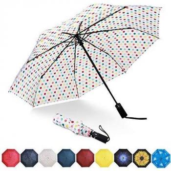 Amazon Brand - Eono Paraguas Plegable Automático Impermeable, Paraguas de Viaje a Prueba de Viento, Folding Umbrella, Recubrimiento de Teflón&Dosel Reforzado, Mango Ergonómico - Blanco/Punto Coloreado