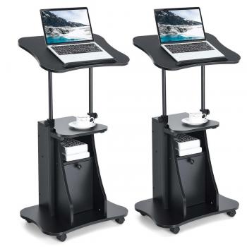 Height-Adjustable Mobile Podium Stand with Tilting Tabletop and Storage Cabinet (Set of 2)