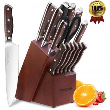 Cuchillo de cocina homgeek, Juego de cuchillos profesional Bloque de madera, Juego de cuchillos de madera de acero inoxidable alemán, 15 piezas