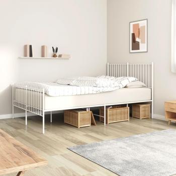 Cama Metal Blanco 140x190 cm con Pata Redonda, Cabecero y Pediatra, Estructura sin Colchón