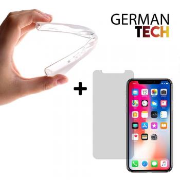 Funda Gel Flexible para iPhone X, Carcasa TPU transparente + Protector de pantalla Cristal vidrio templado Premium {Magic Pack German Tech®}