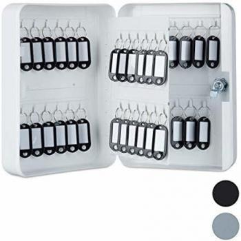 Caja de Llaves Metálica Cerrable con 48 Ganchos y Llaveros, Blanco, 25 x 18 x 7,5 cm
