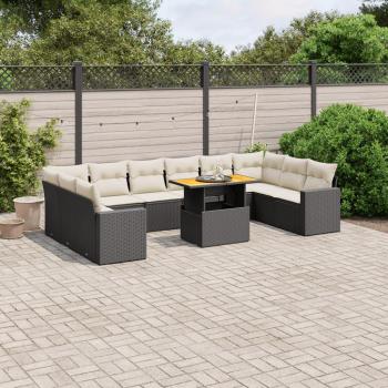 11-Piece Black Poly Rattan Garden Sofa Set with Cushions